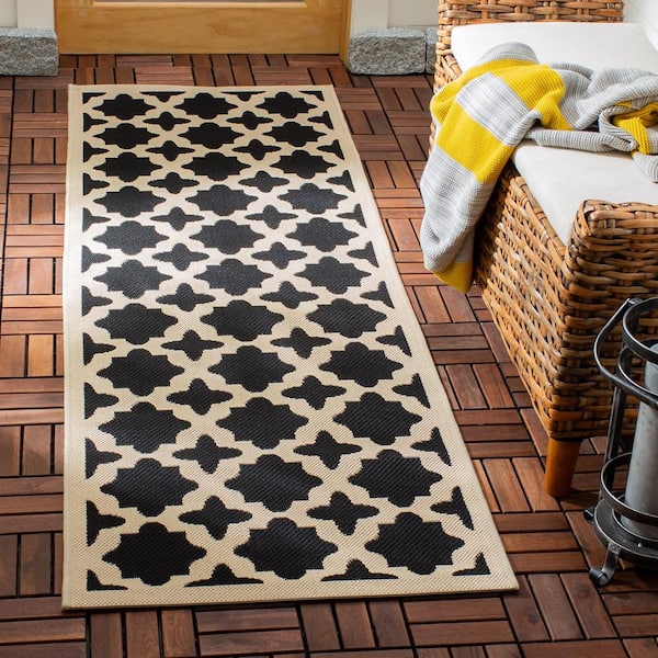 Courtyard Black/Beige 2 ft. x 14 ft. Geometric Indoor/Outdoor Patio  Runner Rug