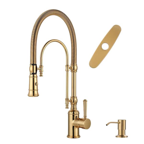 20.7 in. H Single Handle Deck Mount Pull Down Sprayer Kitchen Faucet with 360° Spout Swivel in Brushed Gold
