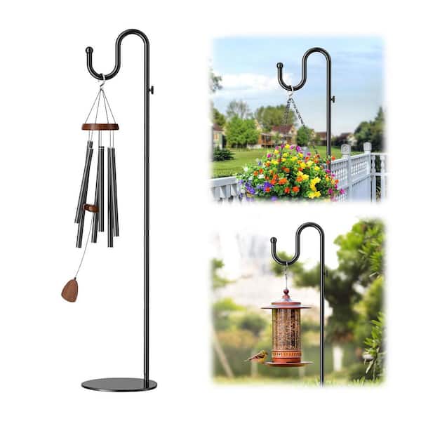 74 in. Black Metal Shepherd Hook Stand with Heavy Duty Base for Hanging Bird Feeders, Wind Chimes, Plants, Holds 20 lbs.