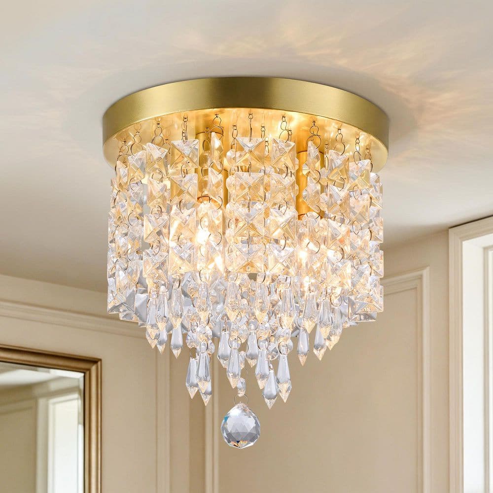 8.7 in. 3-Light Beaded Brushed Brass K9 Crystal Flush Mount Ceiling Light Fixture for Hallway Bedroom price history on PriceWatchPro