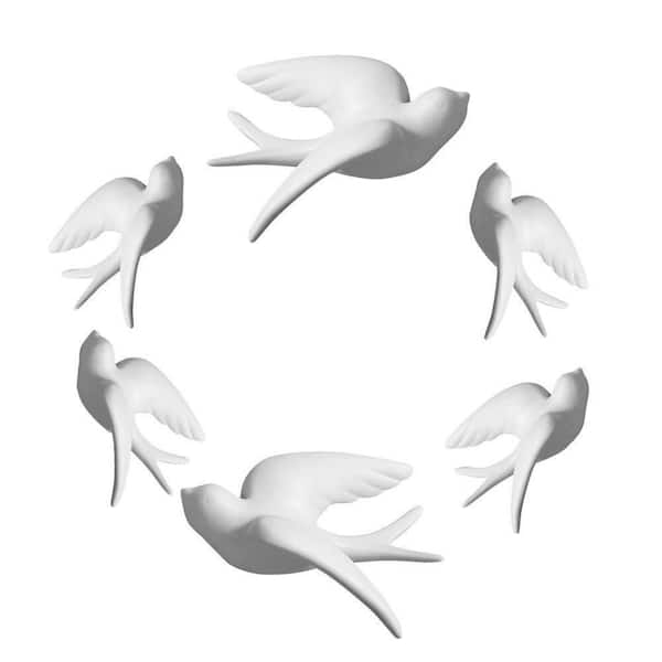 Set of 6 White Ceramic Birds Doves Sparrows Swallows Wall Mounted Decor Hanging for Livingroom Garden Wall Sculptures