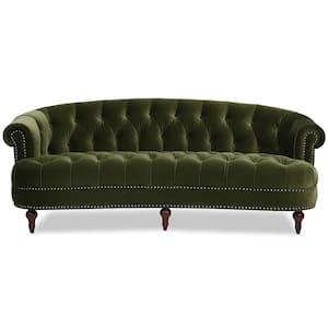La Rosa 84 in. Rolled Arm Performance Velvet Chesterfield Curved Sofa in Olive Green