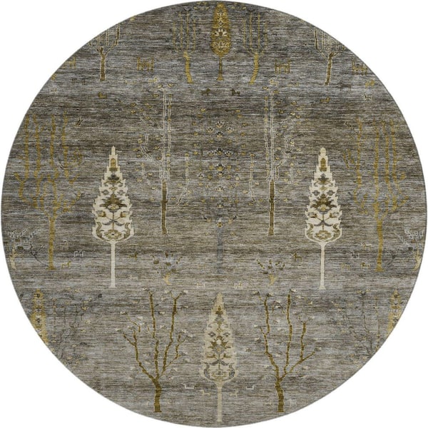 Mayfield Premium Machine Washable Abstract AMF1922 Pewter 8 ft. x 8 ft. Round Rug