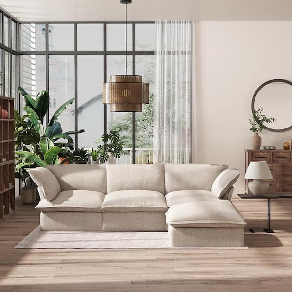122.8 in. Flared Arm 4-Piece Linen L-Shaped Deep Seat Cloud Couch Pine Wood Sectional Sofa in Beige with Storage Ottoman