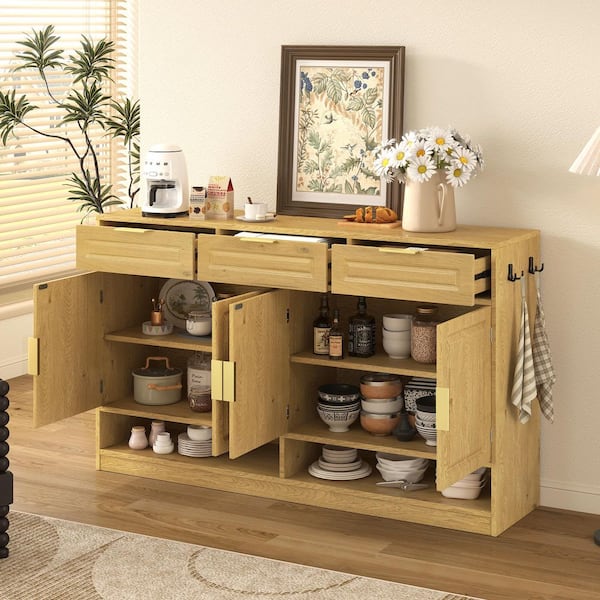 Vesper Natural MDF 59.1 in. Buffet Sideboard Accent Storage Cabinet with Drawers, Adjustable Shelves, Open Storage