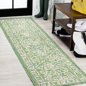 Malta Cream/Green 2 ft. x 10 ft. Bohemian Medallion Textured Weave Indoor/Outdoor Area Rug