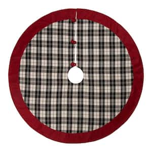 48 in. D Black and White Plaid Fabric Christmas Tree Skirt with Red Trim