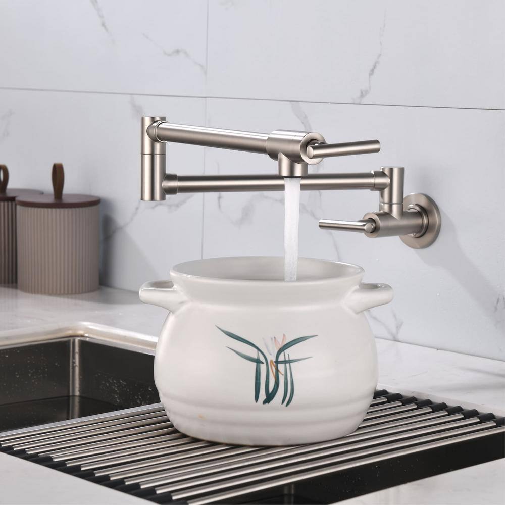 Brushed Nickel Wall-Mounted Double Handle Pot Filler Faucet
