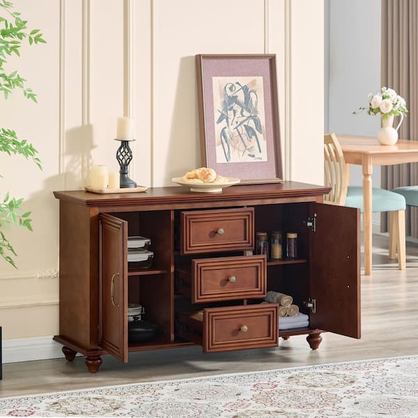 Eisheth Rectangle Walnut Wood Mid Century Sideboard Buffet Cabinet with 2 Doors and 3 Drawers