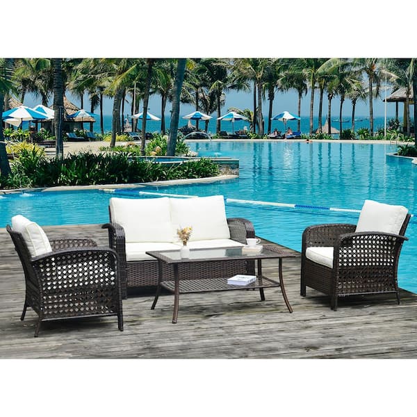 Wateday Brown 4-Piece Wicker Outdoor Patio Conversation Seating Set with Beige Cushions