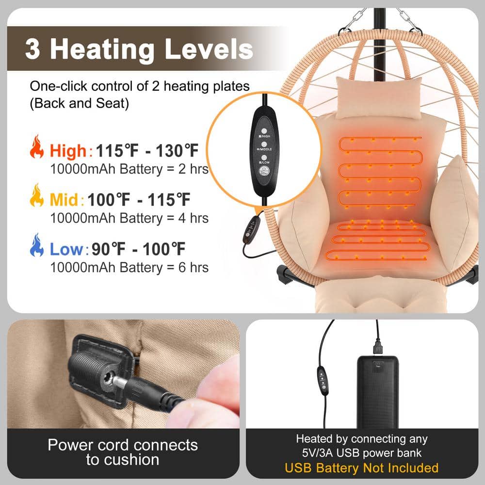 Brown Heated Hanging Egg Chair with Cushions and Black Steel Frame