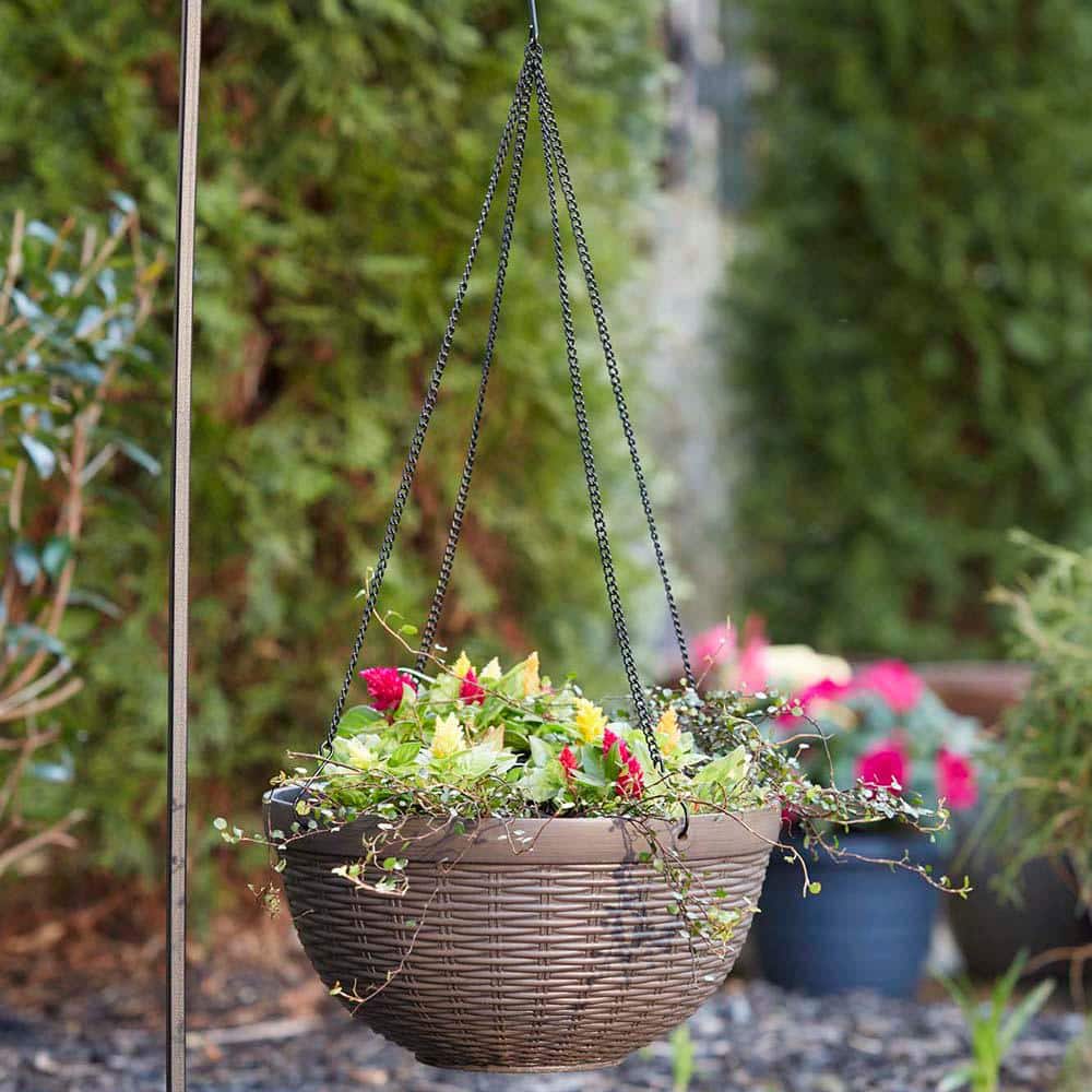 12" Dark Brown Resin Wicker Hanging Basket Planter