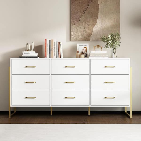 FUFU&GAGA White & Gold 9-Drawer Wooden Dresser 61.4 in.