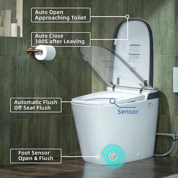 Elongated ADA Smart Bidet Toilet 1.1/1.6 GPF in White with Auto Open/Close, Foam Shield, Foot Sensor, Heated Seat