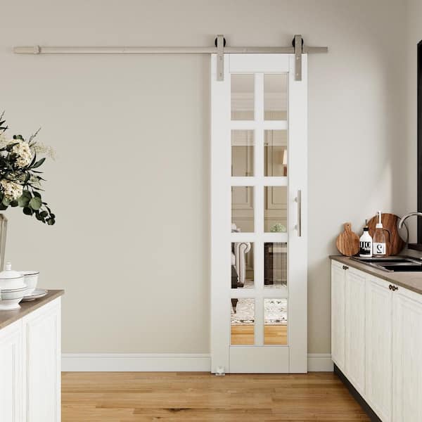 24 in. x 80 in. 10-Lite Clear Glass White Primed Sliding Barn Door with Hardware Kit Nickel Plated