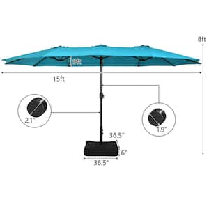 15 ft. Iron Market Double-Sided Twin Patio Umbrella with Crank in Turquoise