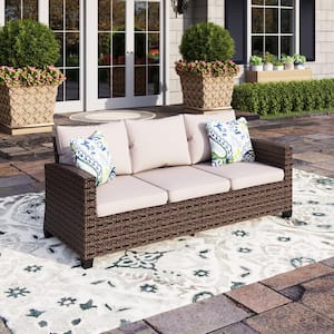 Dark Brown Rattan Wicker Outdoor Patio 3 Seat Sofa Couch with Beige Cushions