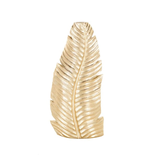 Litton Lane 18 in. Gold Curved Metallic Polystone Leaf Decorative Vase