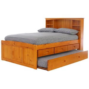 Honey Mission Light Brown Full Sized Captains Bookcase Bed with 3-Drawers and a Twin Trundle
