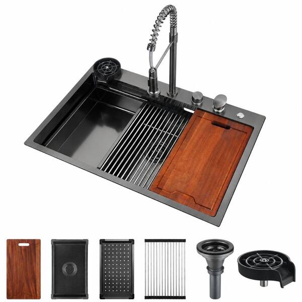 33 in. Drop-In Single Bowl 16-Gauge Nano PVD Black Stainless Steel Workstation Kitchen Sink, 10 in. Deep