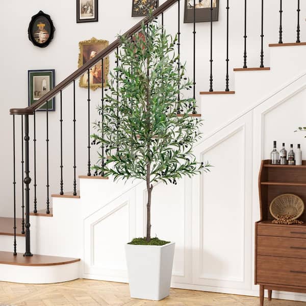 8 ft. Artificial Olive Tree in White Pot with Silk Leaves with Moss, Realistic Indoor Plant for Home & Office Decor