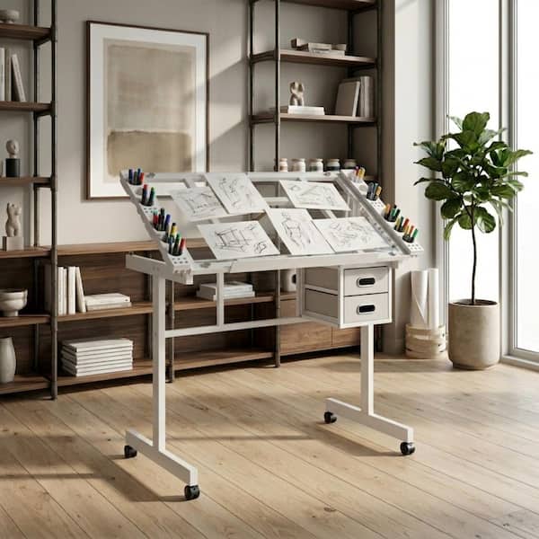 Brevon 40.55 in. Rectangle Clear Glass Top White Metal Frame 2-Drawers Adjustable Drafting Table Writing Desk