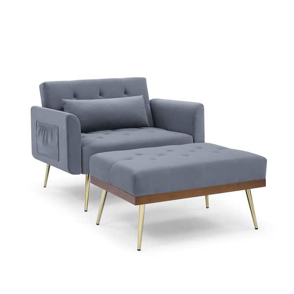 Unbranded Gray Nordic Velvet Sofa Recline Chair with Ottoman and 2-Arm Pocket