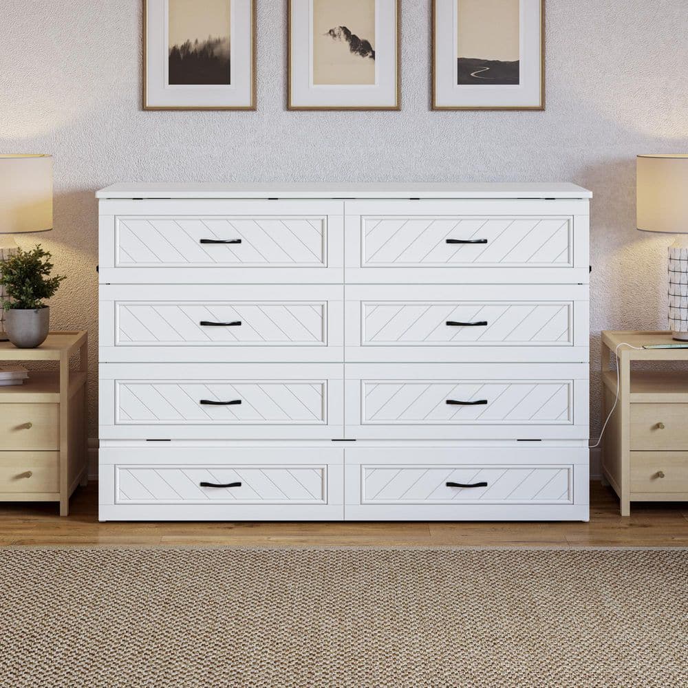 White Queen Murphy Bed Chest with Storage Drawer and USB Ports