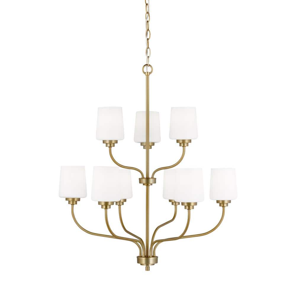 Windom Satin Brass 9-Light Transitional Chandelier with Etched Opal Glass