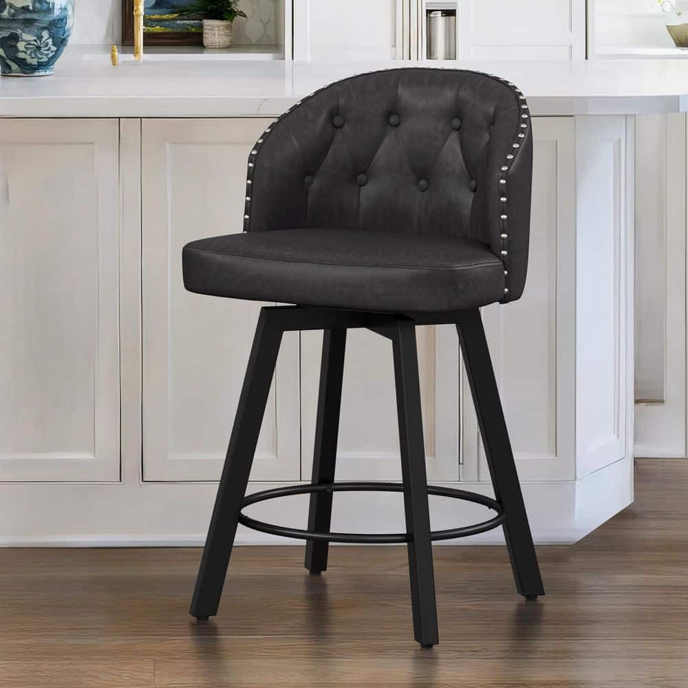 Arturo 37 in. Black Faux Leather Upholstered Swivel Bar Stool with Metal Frame Nailhead Counter Height Barstool price history on PriceWatchPro