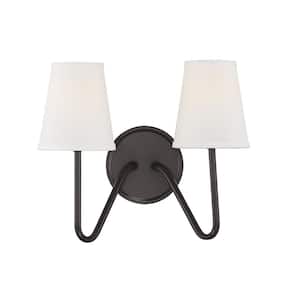 Meridian 13 in. W x 11.25 in. H 2-Light Oil Rubbed Bronze Wall Sconce with White Fabric Shades