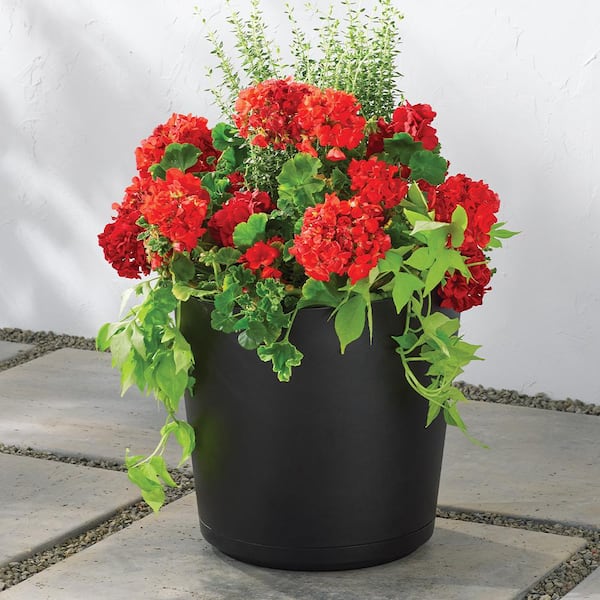 16 in. Kyra Large Black Resin Planter (16 in. D x 14.2 in. H) with Attached Saucer