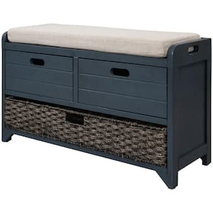 32 in. D x 12 in. W x 20 in. H Navy Wood Shoe Storage Bench with Removable Linen Blend Cushion and Basket and Drawers