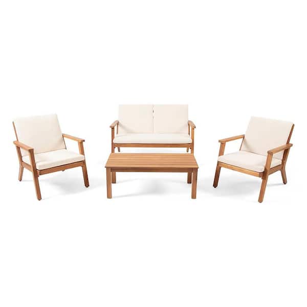 Natural 4-Piece Acacia Wood Patio Conversation Set with Cream Cushion and Coffee Table
