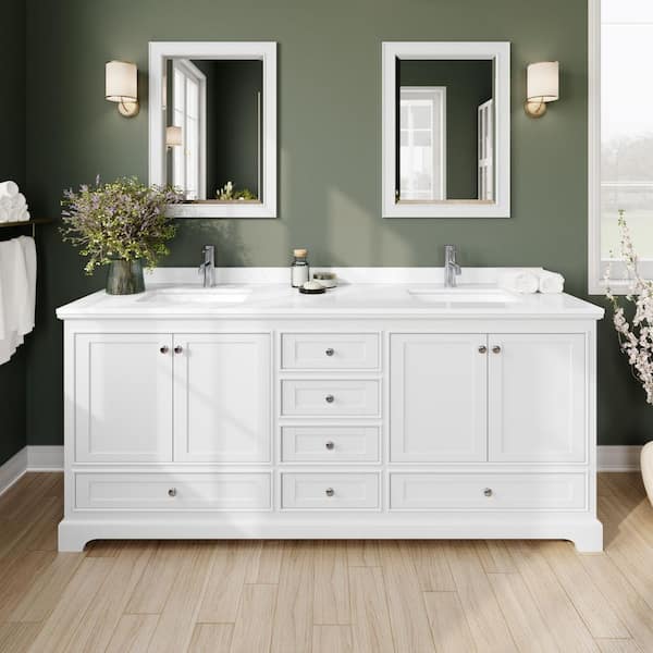 Wyndham Collection Deborah 80in.Wx22 in.D Double Vanity in White with Cultured Marble Vanity Top in White with Basins and Mirrors