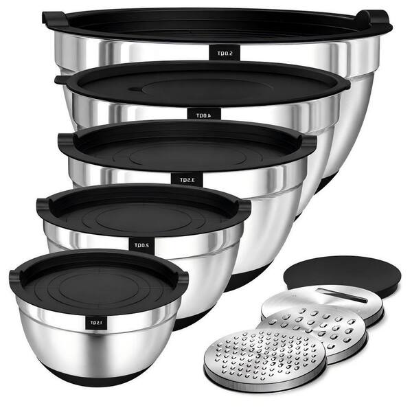 5-Set Stainless Steel Nesting Mixing Bowls with Airtight Lids, 3 Grater Attachments and Non-Slip Bottoms, Black