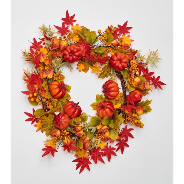 Unbranded 24 in. Pumpkin Berries and Fall Leaves Wreath