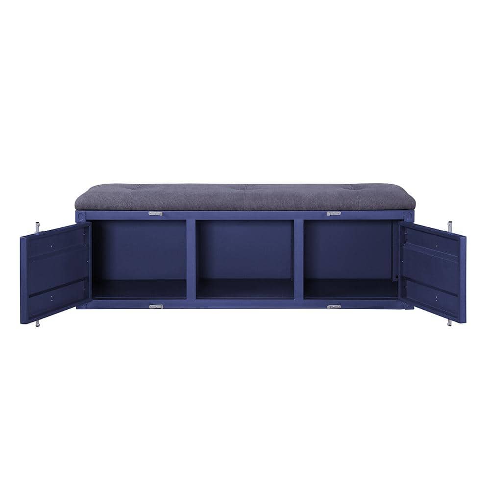 Blue Metal Storage Bench with Gray Fabric Seat