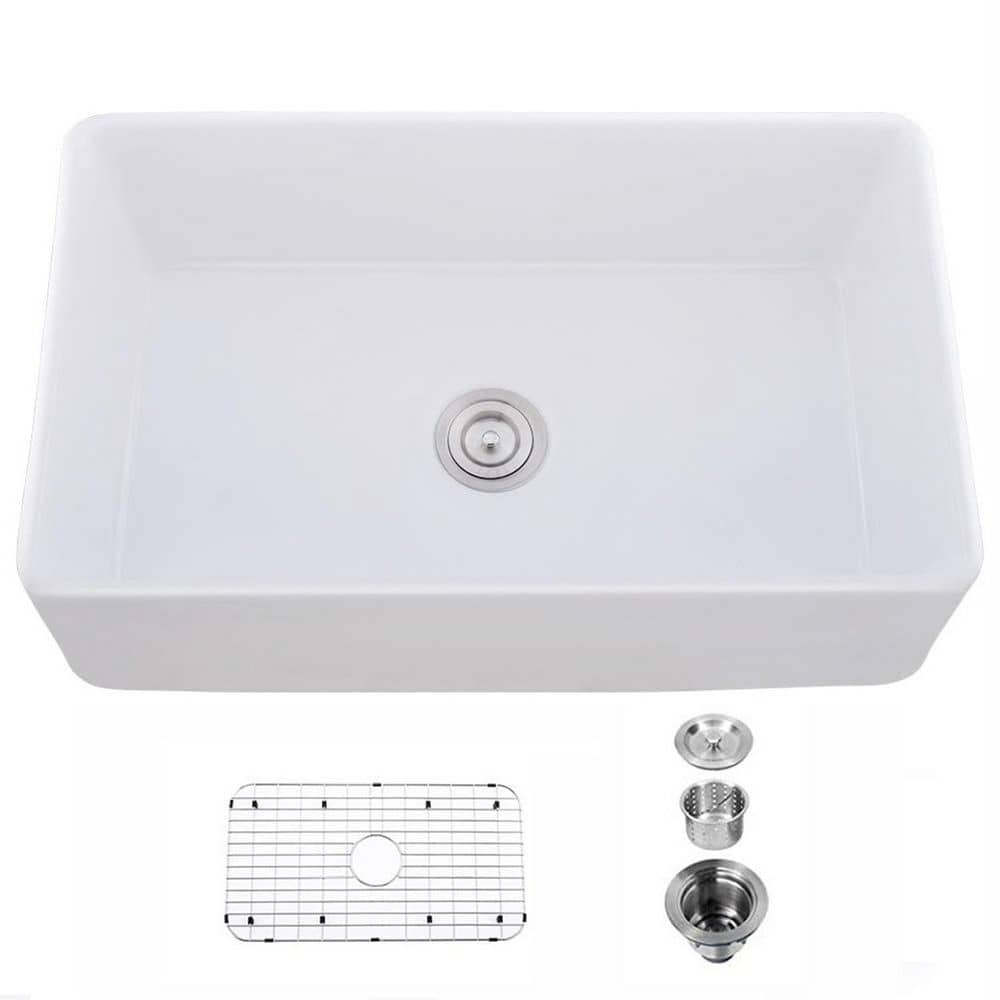 Ceramic Material Map IAK 33 in. Farmhouse Single Bowl White Ceramic Kitchen Sink with Basket ...