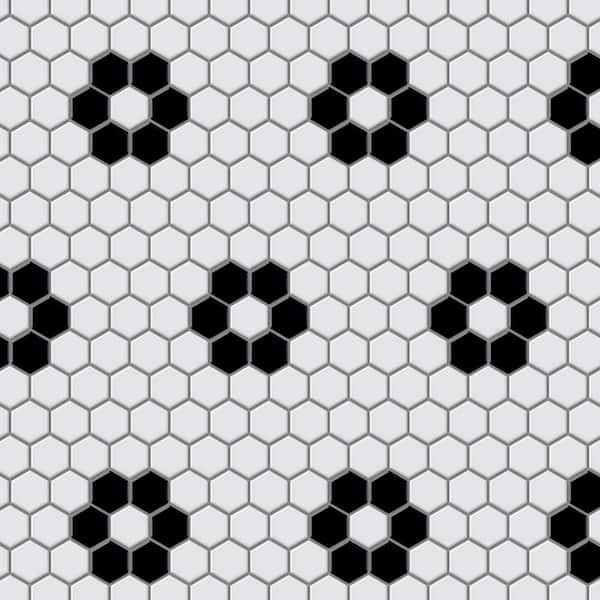 Merola Tile Metro 1 in. Hex Glossy White with Flower 10-1/4 in. x 11-7/8 in. Porcelain Mosaic Tile (8.6 sq. ft./Case)