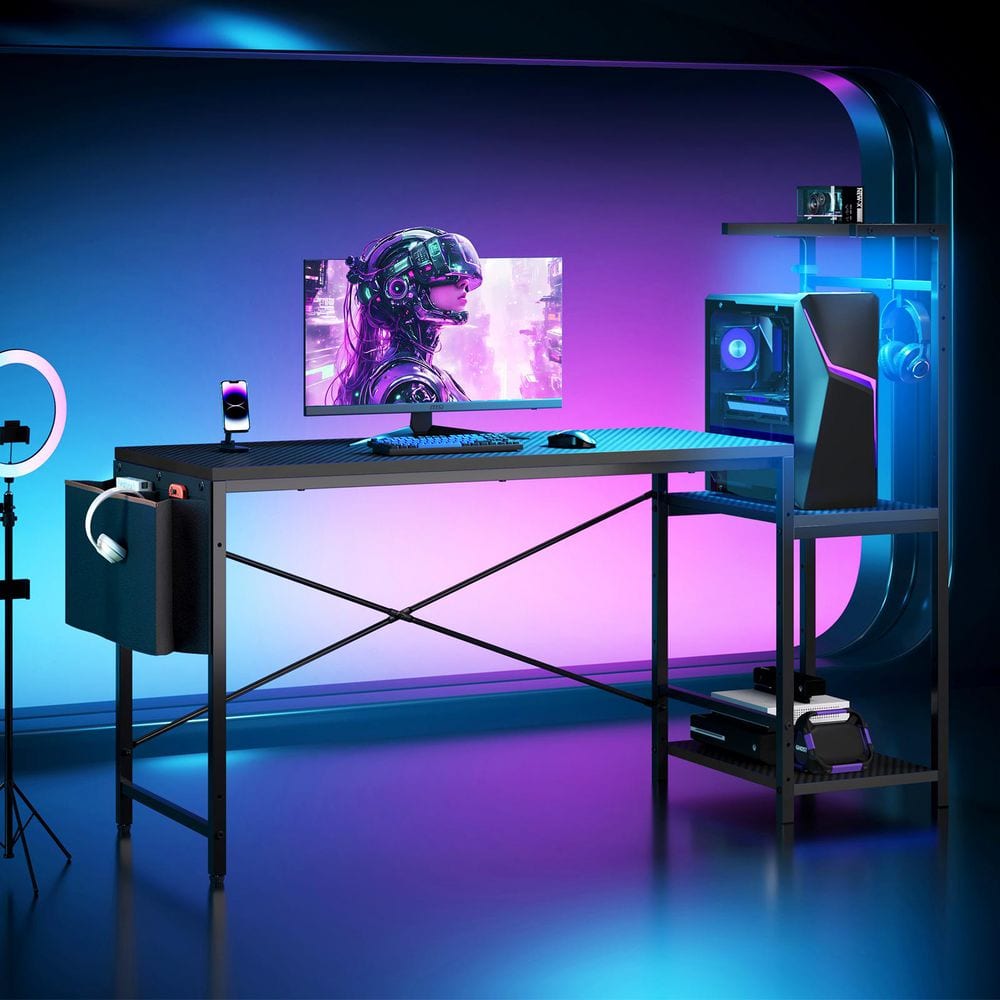 51.2 in. W Black Carbon Fiber Reversible Computer Desk with LED Lights, Storage Shelves, Headphone Hook and Side Pocket