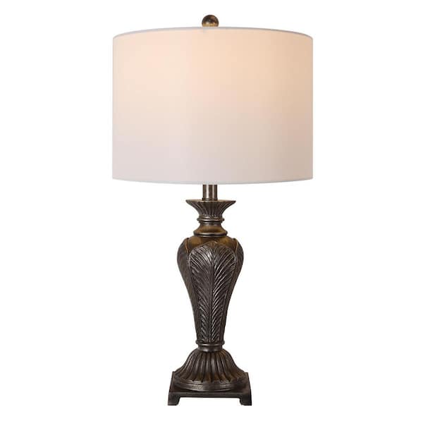 Rottogoon 20 in. Bronze Resin Table Lamp With White Linen Shade No Assembly Required, 1 Pack Living Room Lighting Table Lamp