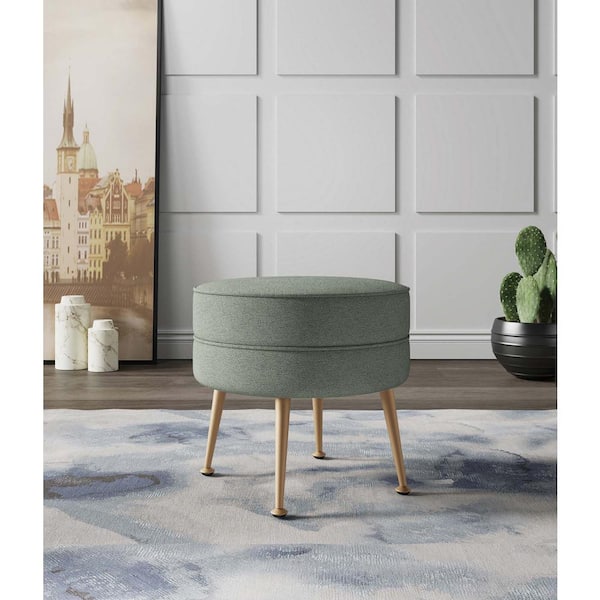 Bailey Mid-Century Modern Sage Green with Gold Feet Woven Polyester Blend Upholstered Ottoman