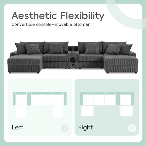 141.5 in. Corduroy U-Shaped Sectional Sofa in Dark Gray with 2-Ottomans, Bluetooth Speakers, Console, USB Charger
