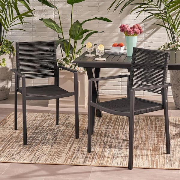 Unbranded Set of 2 Aluminum Outdoor Patio Dining Chairs with Rope Seats, Perfect for Yard Garden, Black
