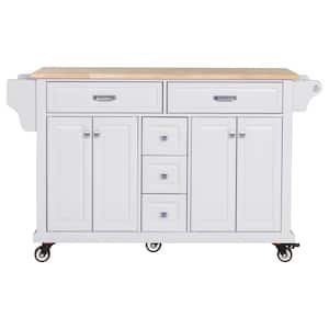 White Wood 60.50 in. Kitchen Island with Storage, Drawers, Wheels, and Doors