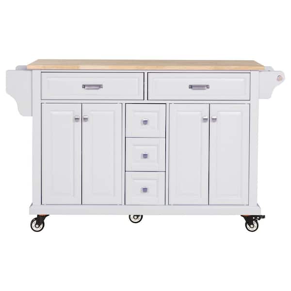 Sudzendf White Wood 60.50 in. Kitchen Island with Storage, Drawers, Wheels, and Doors