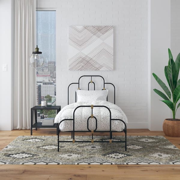 Black-A Metal Frame Twin Platform Bed with Vintage Style Headboard and Footboard, Adjustable Base Height