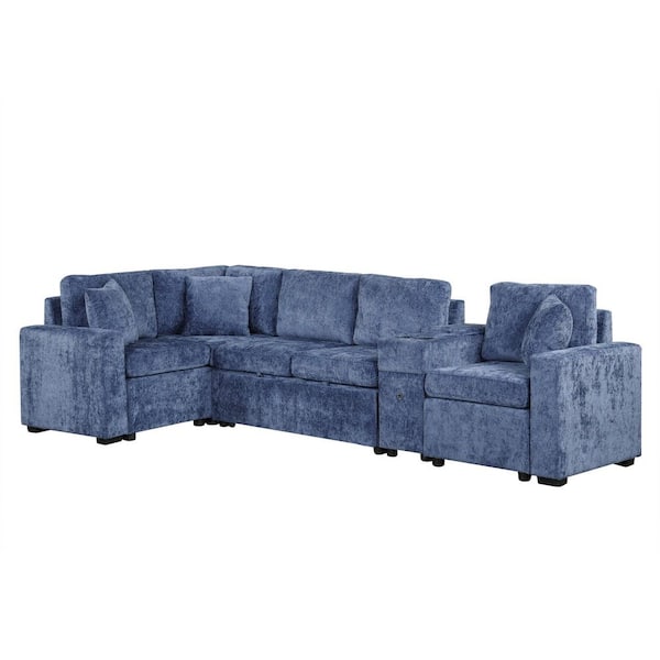 Luxury Collection 120.5 in. Square Arm 4-Piece L-Shaped Chenille Modular Sectional Sofa Bed in Blue with Storage