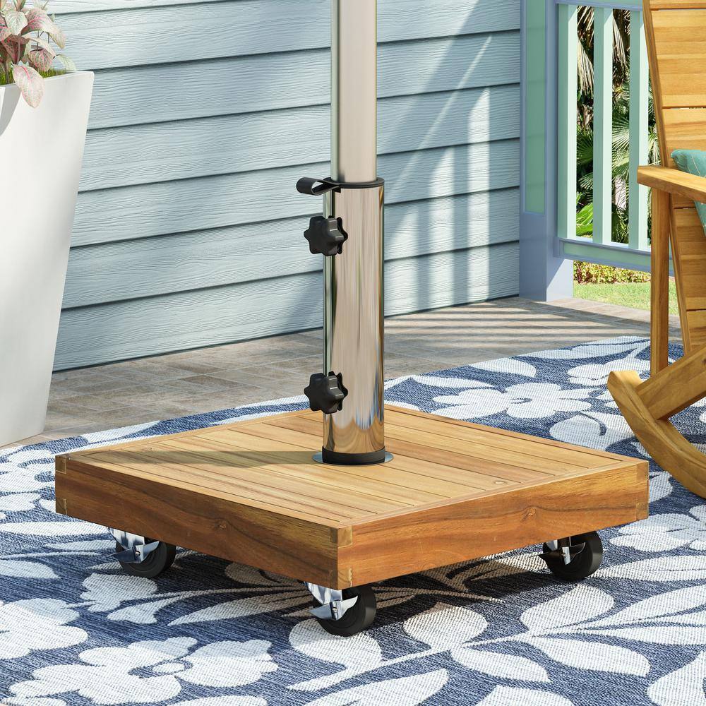 Teak Brown Acacia Wood and Concrete Wheeled Umbrella Base
